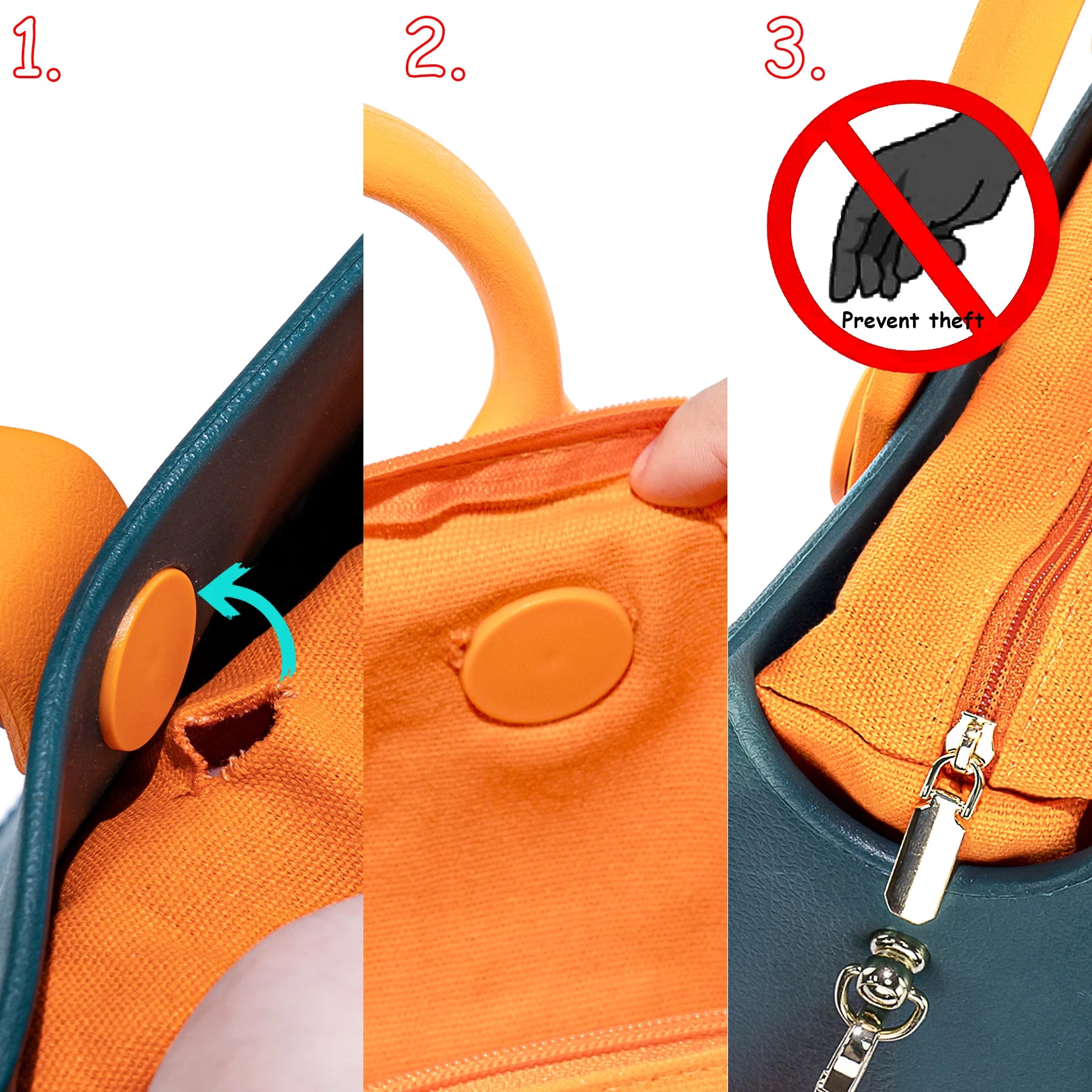 Step-by-step guide on how to use a product with close-up details of features and usage. Easy-cleaning large EVA tote bag, colourful square-shaped, women's fashion handbag with shoulder strap for bulk and promotional use.