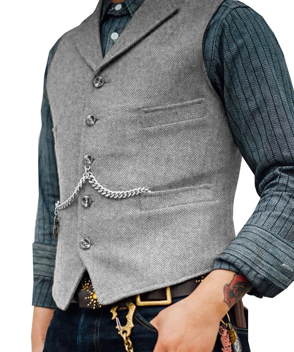 Men's brown herringbone wool vest with V-neck lapel, suitable for casual and formal occasions