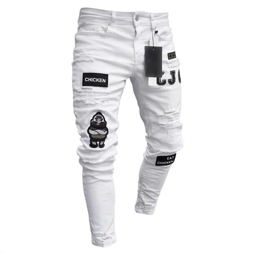 White jeans with patches and text on a white background