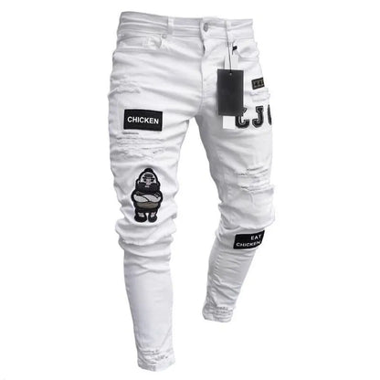 White jeans with patches and text on a white background