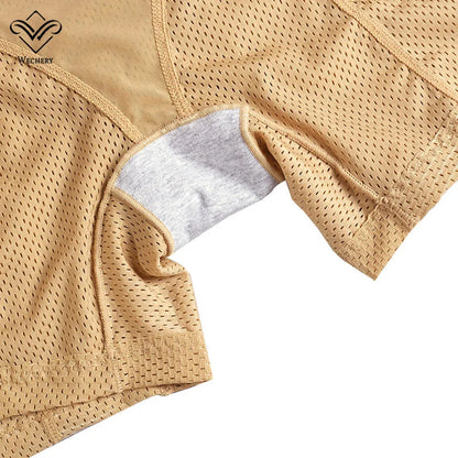 Beige mesh fabric with a close-up of a seam on a white background, featuring the brand 'Wecerry'.