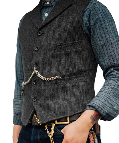 Men's brown herringbone wool vest with V-neck lapel, suitable for casual and formal occasions