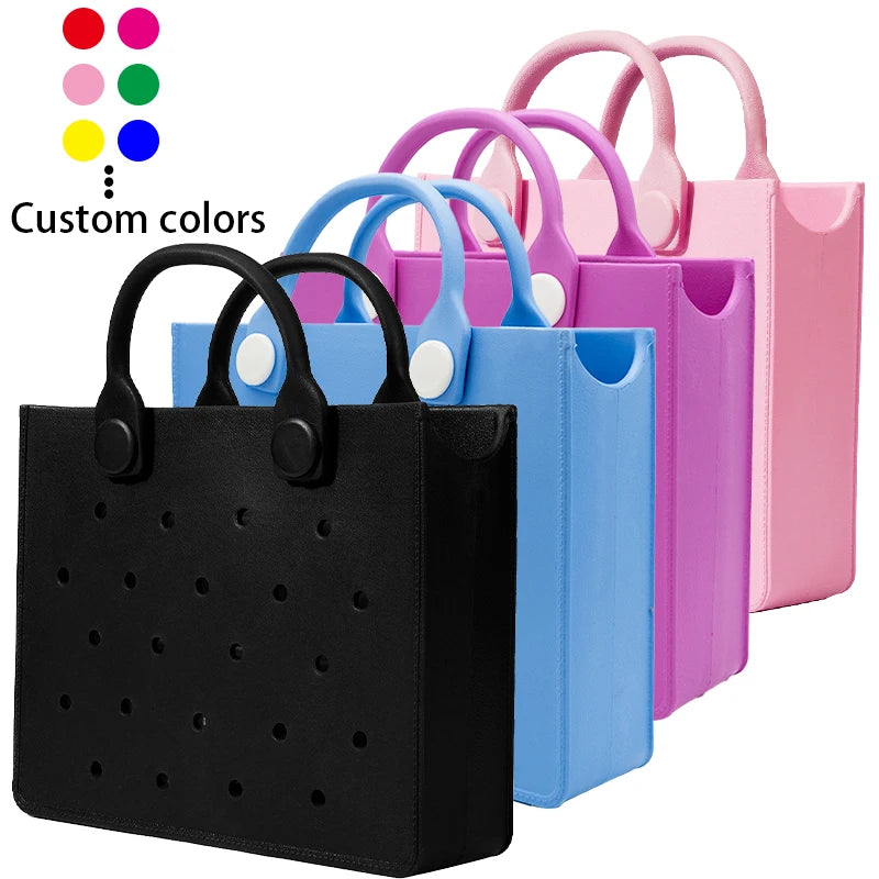Set of colorful bags with handles on a white background. Easy-cleaning large EVA tote bag, colourful square-shaped, women's fashion handbag with shoulder strap for bulk and promotional use.
