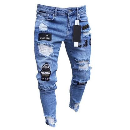 Ripped blue jeans with patches and branding on a white background