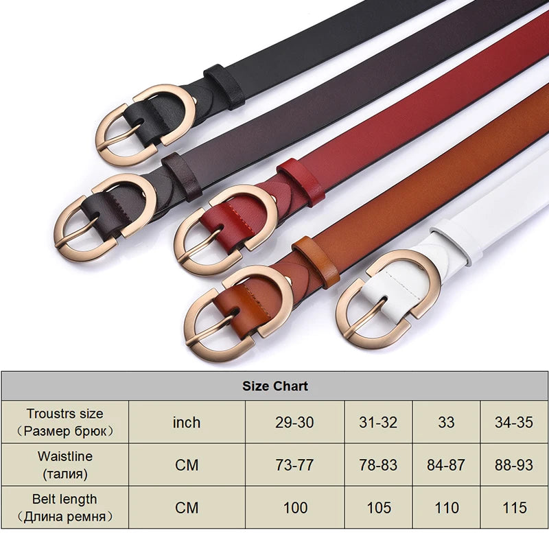 Set of belts in black, brown, red, and white with size chart on a white background
