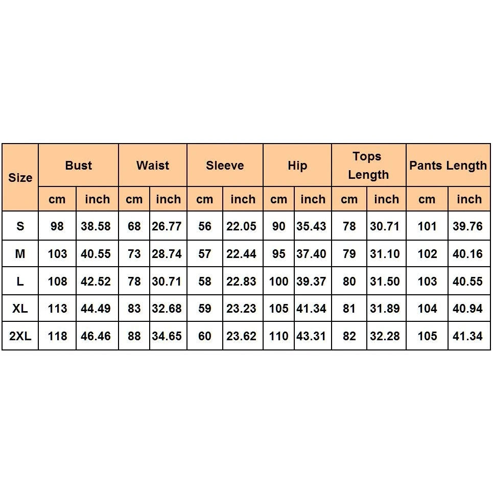 Size chart for clothing measurements in centimeters and inches on a white background