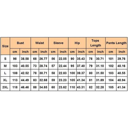 Size chart for clothing measurements in centimeters and inches on a white background