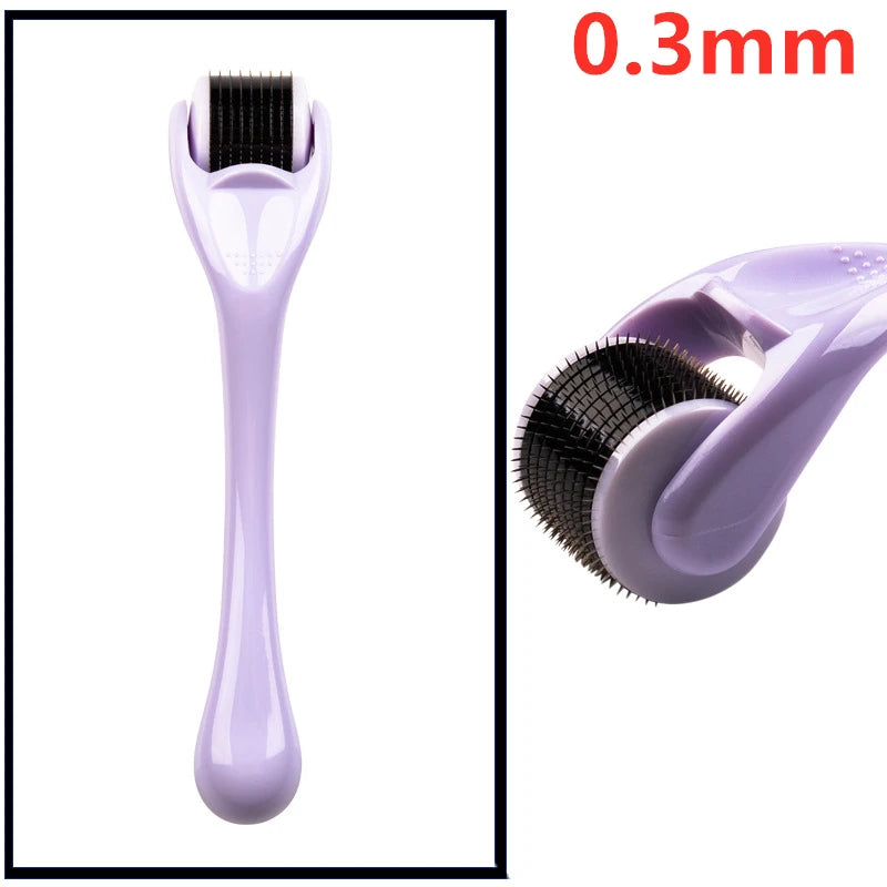 Titanium derma roller with wh handle 0.3 mm, shown in its hygienic clear storage case. Needle sizes available: $0.2\text{mm}$, $0.25\text{mm}$, $0.3\text{mm}$.te