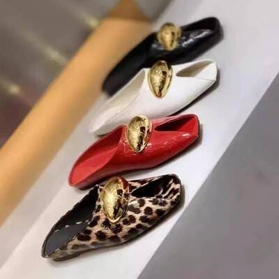 Women's leather summer slippers with fish mouth design & metal buckle – chic flat mules from FTF Market UK