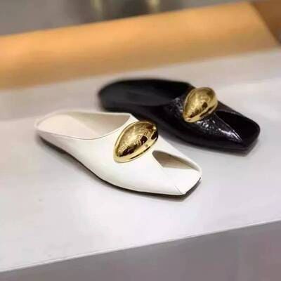 Women's leather summer slippers with fish mouth design & metal buckle – chic flat mules from FTF Market UK