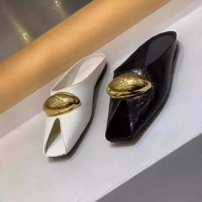 Women's leather summer slippers with fish mouth design & metal buckle – chic flat mules from FTF Market UK