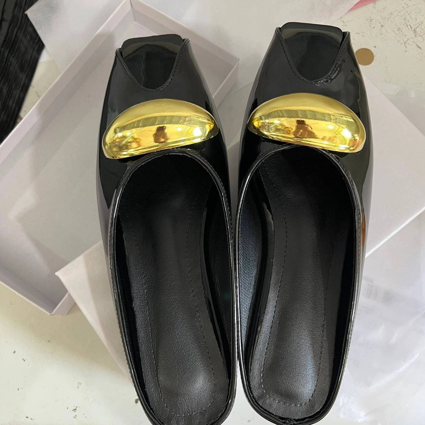 Black women's leather summer slippers with fish mouth design & metal buckle – chic flat mules from FTF Market UK