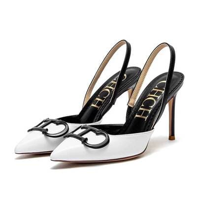 White luxury stiletto pumps black accents FTF Market UK