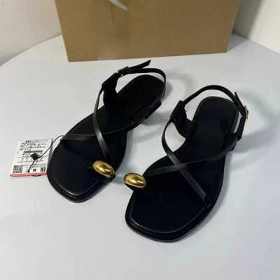 Black women's metal-toe beach sandals with buckle strap – flat, lightweight summer sandals from FTF Market UK