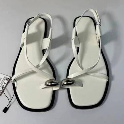 White women's metal-toe beach sandals with buckle strap – flat, lightweight summer sandals from FTF Market UK