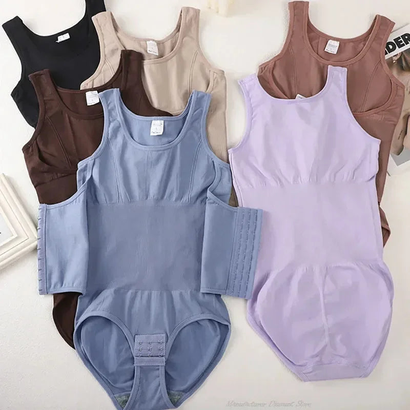 Set of tank tops in various colors on a light background. Women’s slimming bodysuit shapewear with zipper belt. Medium control, wire-free, seamless design with polyester/spandex fabric for all-day comfort.