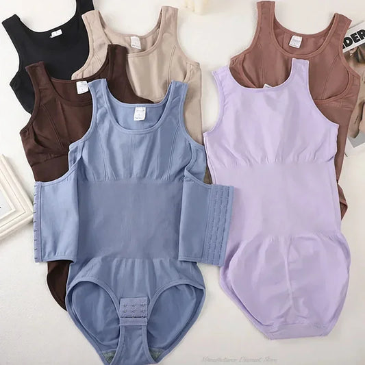 Set of tank tops in various colors on a light background. Women’s slimming bodysuit shapewear with zipper belt. Medium control, wire-free, seamless design with polyester/spandex fabric for all-day comfort.