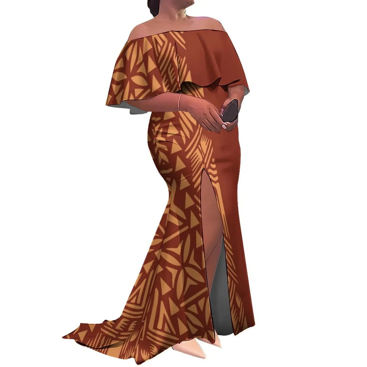 Brown patterned off-shoulder dress with a high slit on a white background