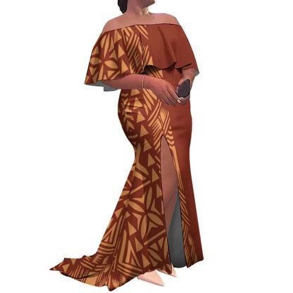 Brown patterned off-shoulder dress with a high slit on a white background