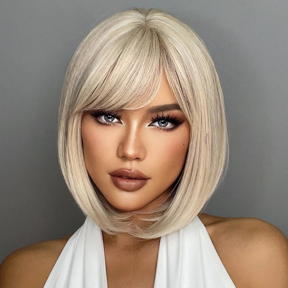 Chic blonde & gray bob wig UK – natural look, synthetic fibre, adjustable cap, for women’s daily or party style FTF Market.