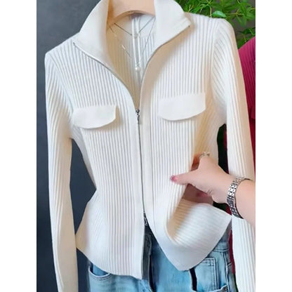 Zipper Short Knitted Cardigan – Versatile coat top, turn-down collar, solid color. Perfect for spring and autumn. Available on FTFmarket.net, fast delivery in the UK. Stay stylish with FTF Fashion and Mode FTF.