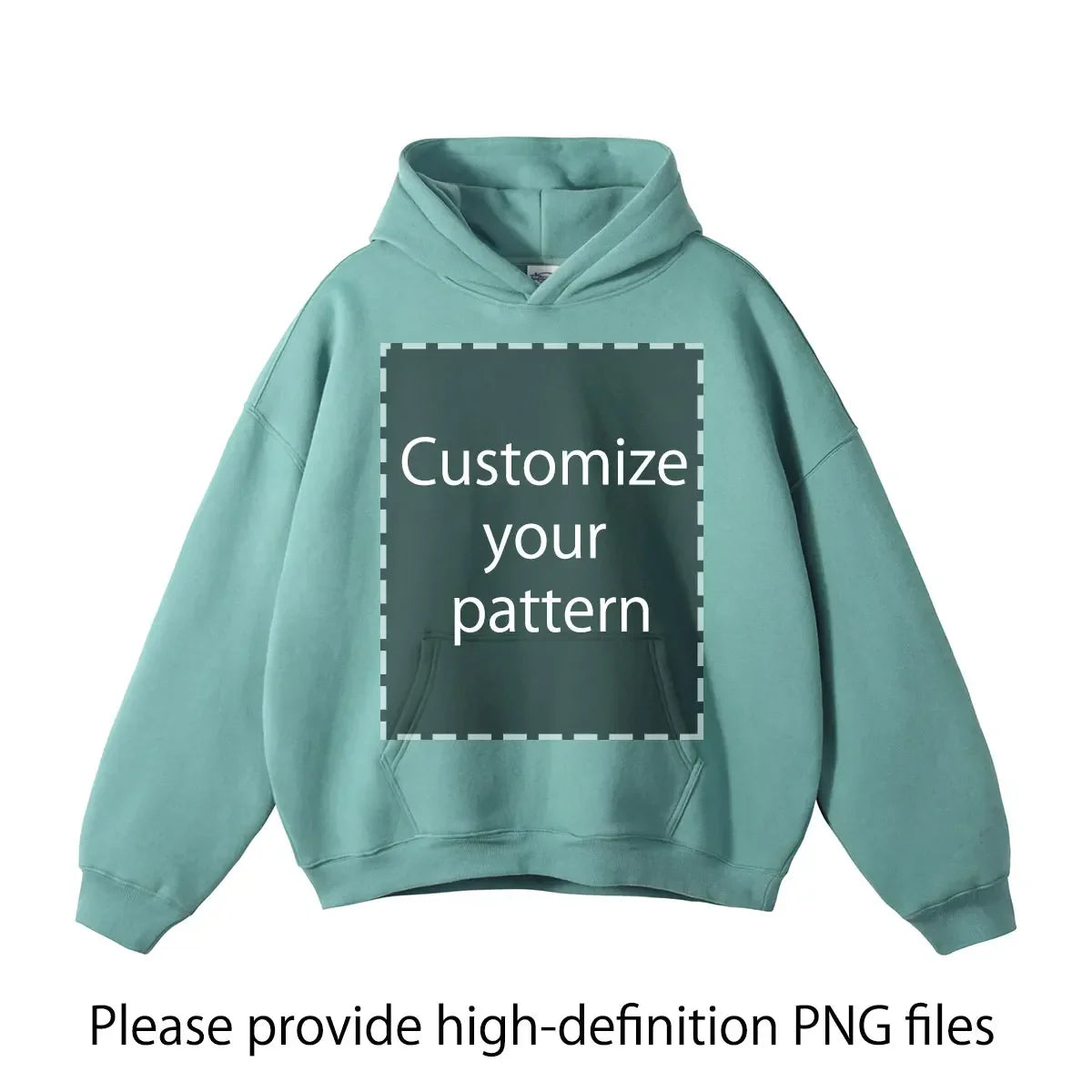 Teal hoodie with customizable pattern text on a white background