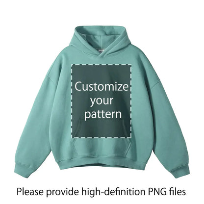 Teal hoodie with customizable pattern text on a white background