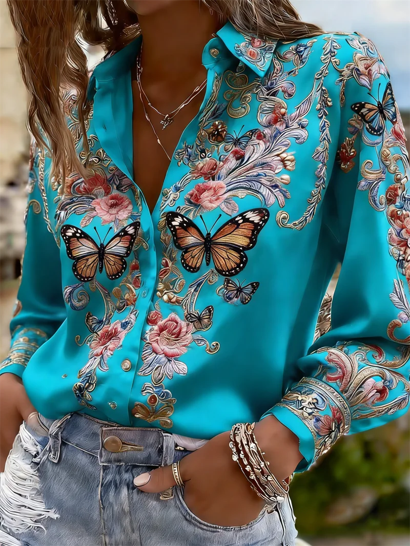 Butterfly floral print blouse women teal blue long sleeve casual boho top