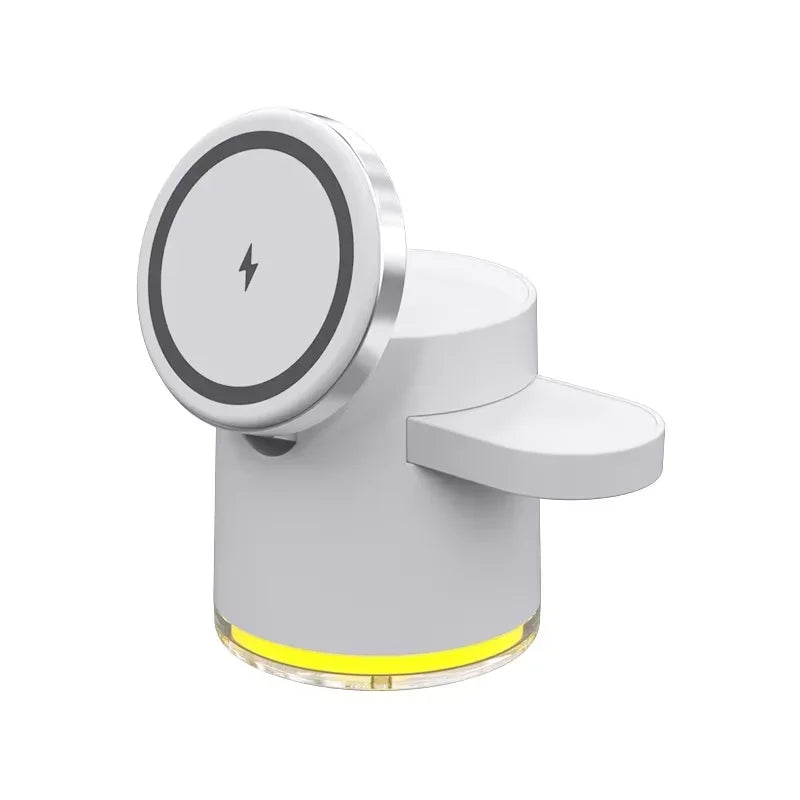 White phone holder with magnetic charging pad on a white background . 4-in-1 Qi wireless charger dock with night light for iPhone 16, 15, 14 Pro Max, AirPods Pro, Apple Watch. Fast, foldable, magnetic charging stand.