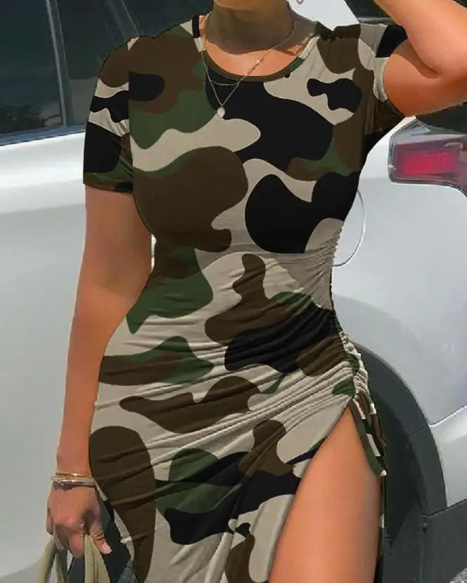 Women's Camouflage Print High Slit Ruched Midi Dress