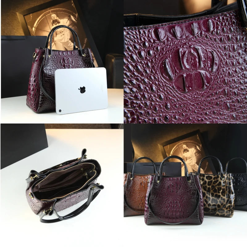 Collage of a purple crocodile-textured handbag with close-up details and product placement. Vintage genuine leather bucket tote bag with crocodile print. Soft medium-hardness leather, zipper closure, interior pockets. Stylish crossbody bag UK.