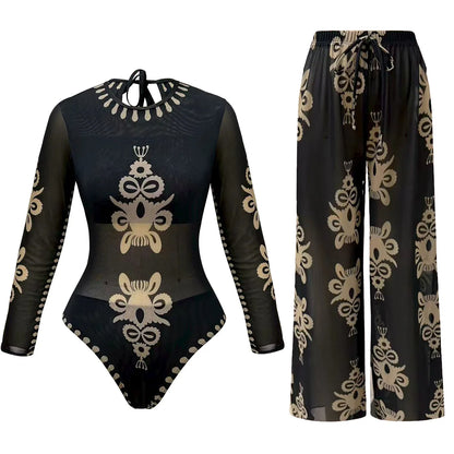Camouflage green mesh swimdress with skirt — long sleeve high waist one-piece women