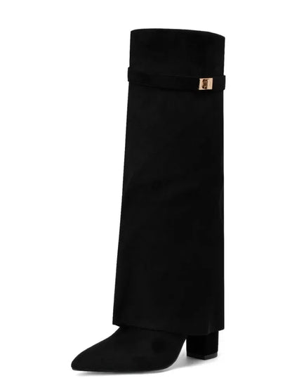 Black sued high boots buckle block heel women FTF Market UK