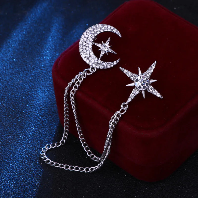 Elegant rhinestone lapel pins for men and women. Tassel, crown, floral pins for suits, collars, weddings, parties. Zinc alloy metal, classic style.