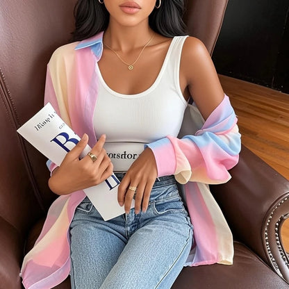 Rainbow striped sheer blouse in pink – loose fit long sleeve women's top, casual fashion UK