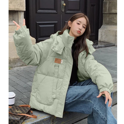 Women khaki down jacket, white, thickening warm feather, female duck down, comfortable, short, solid, winter hooded outwear.