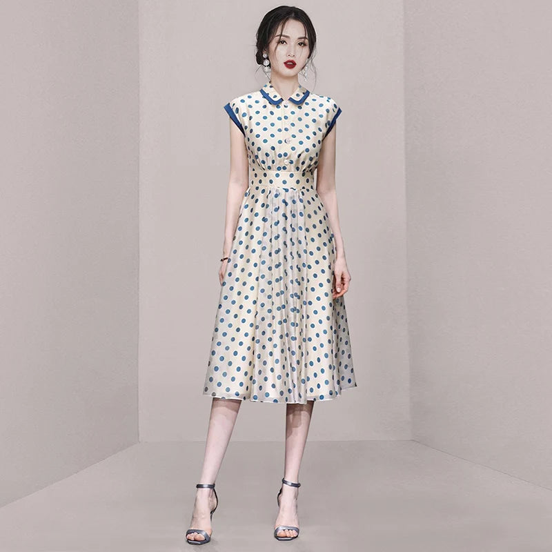 Discover timeless elegance with our Hepburn Vintage Polka Dot Print Bowknot Summer Dress. This mid-calf A-line dress features a charming polka dot pattern, a flattering slim waist, a turn-down collar, sleeveless design, and a decorative bow. Perfect for women aged 25-35 for spring and summer parties. Shop now for classic fashion with a modern twist!