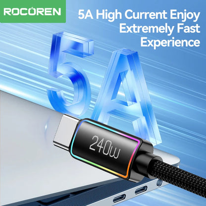 Fast charging cable with '240W' display and '5A' text on a blue background, featuring ROCOREN branding. 240W RGB USB-C fast charging cable with LED indicator. CE, FCC, RoHS certified. Durable Type-C connectors. Max 5A current. Fast UK shipping.