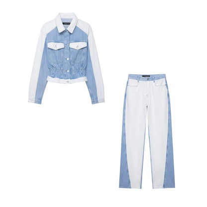 Blue and white denim jacket and pants on a white background. Women’s 2-piece denim jacket and straight jeans set. Patchwork design, mid waist, turn-down collar, button closure, loose casual fit, streetwear.