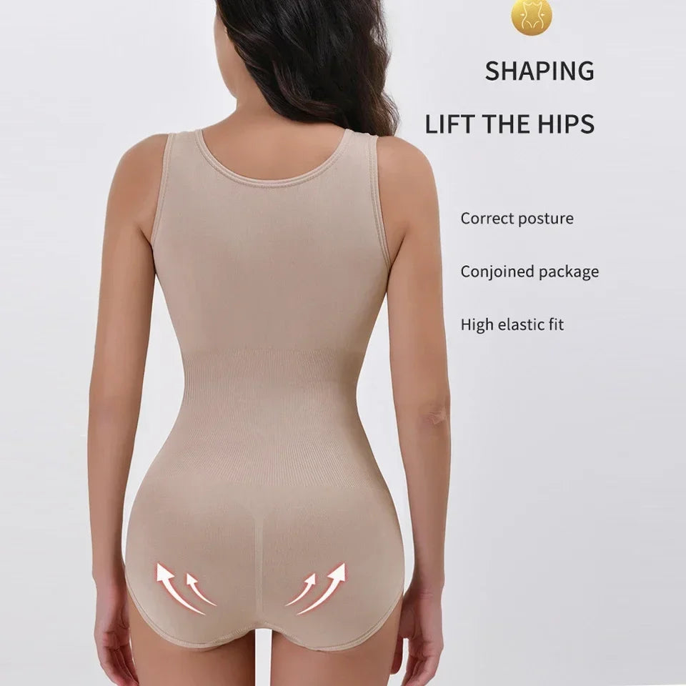 Beige shapewear with text on a white background. Women’s slimming bodysuit shapewear with zipper belt. Medium control, wire-free, seamless design with polyester/spandex fabric for all-day comfort.