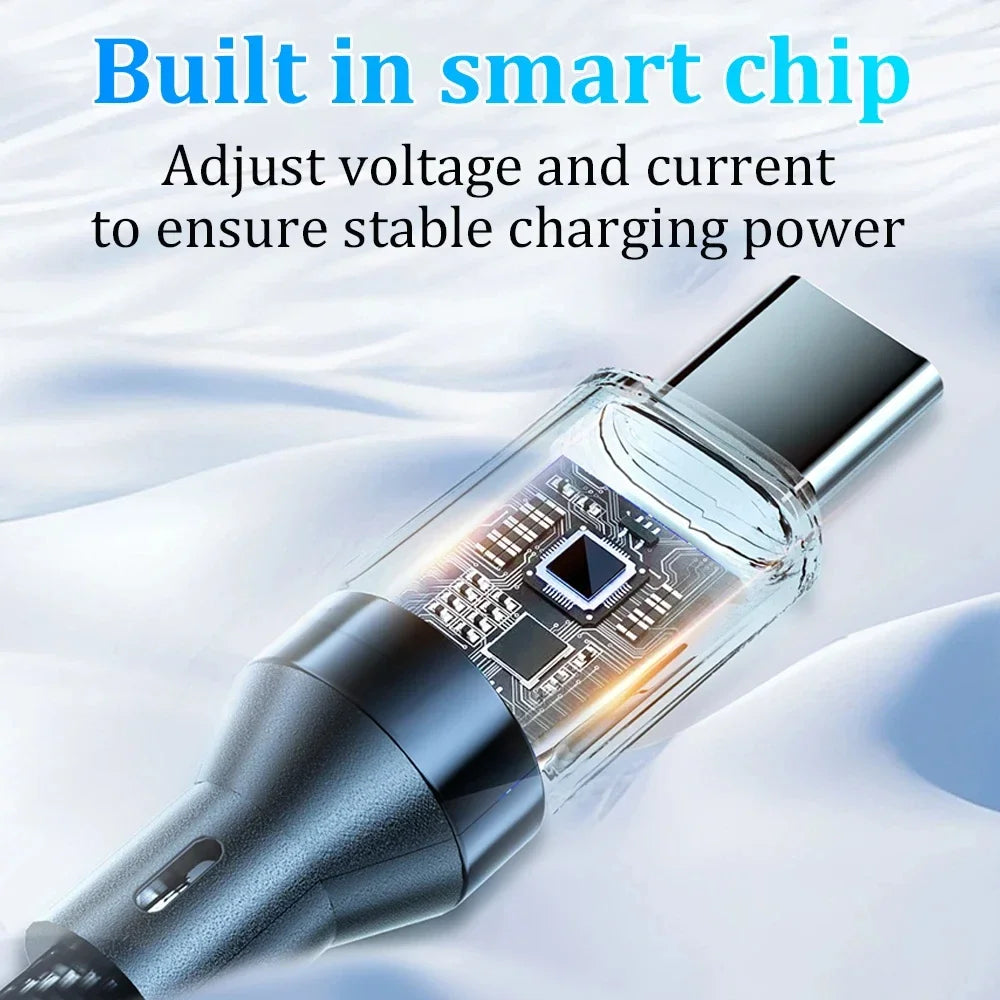 Cable with a visible smart chip labeled 'Built in smart chip' on a light background. 120W fast charge USB-A to Type-C cable, nylon braided with LED display. For Xiaomi, Samsung, Huawei. Fast charging and data sync.