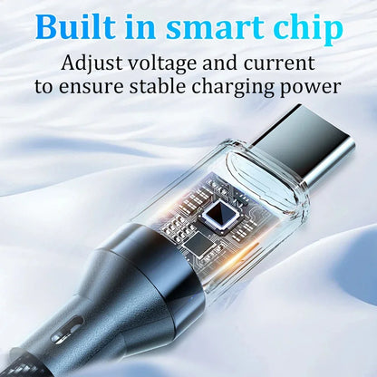 Cable with a visible smart chip labeled 'Built in smart chip' on a light background. 120W fast charge USB-A to Type-C cable, nylon braided with LED display. For Xiaomi, Samsung, Huawei. Fast charging and data sync.