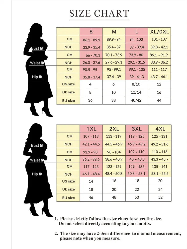 Size chart for clothing with silhouettes of a woman and measurement details.