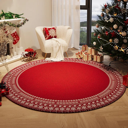 Red round rug with white patterns in a room decorated for Christmas. Round plush red carpet, soft and thick. Machine-woven, washable, ideal for living room, bedroom, cloakroom. Modern style UK home décor.