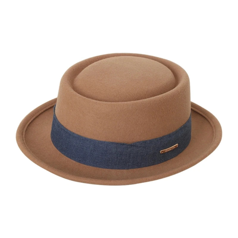 Brown fedora hat with a blue band on a white background. Fedora hat polyester unisex carnival mask, gentleman style, costume accessory, roll trim hat for party and carnival events.