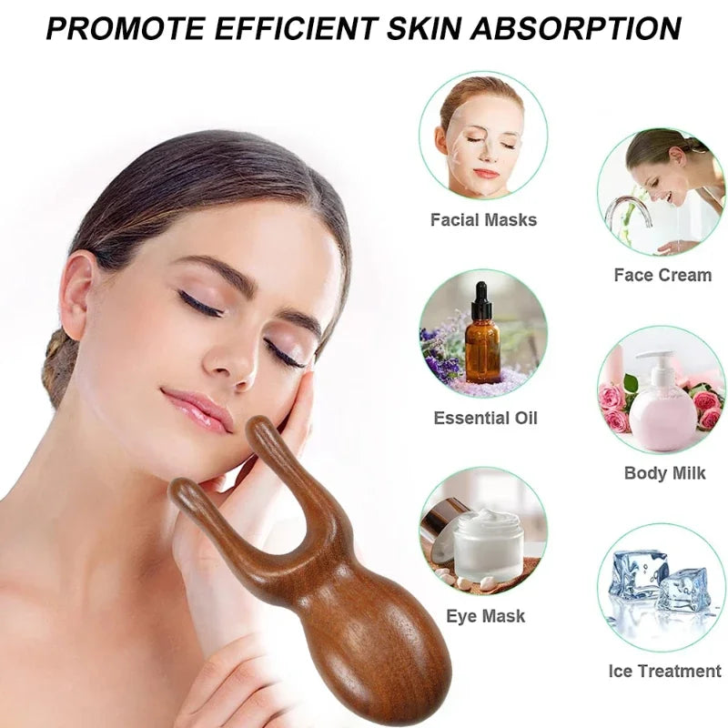 Woman using a wooden tool on her face with icons of skincare products and text promoting efficient skin absorption.