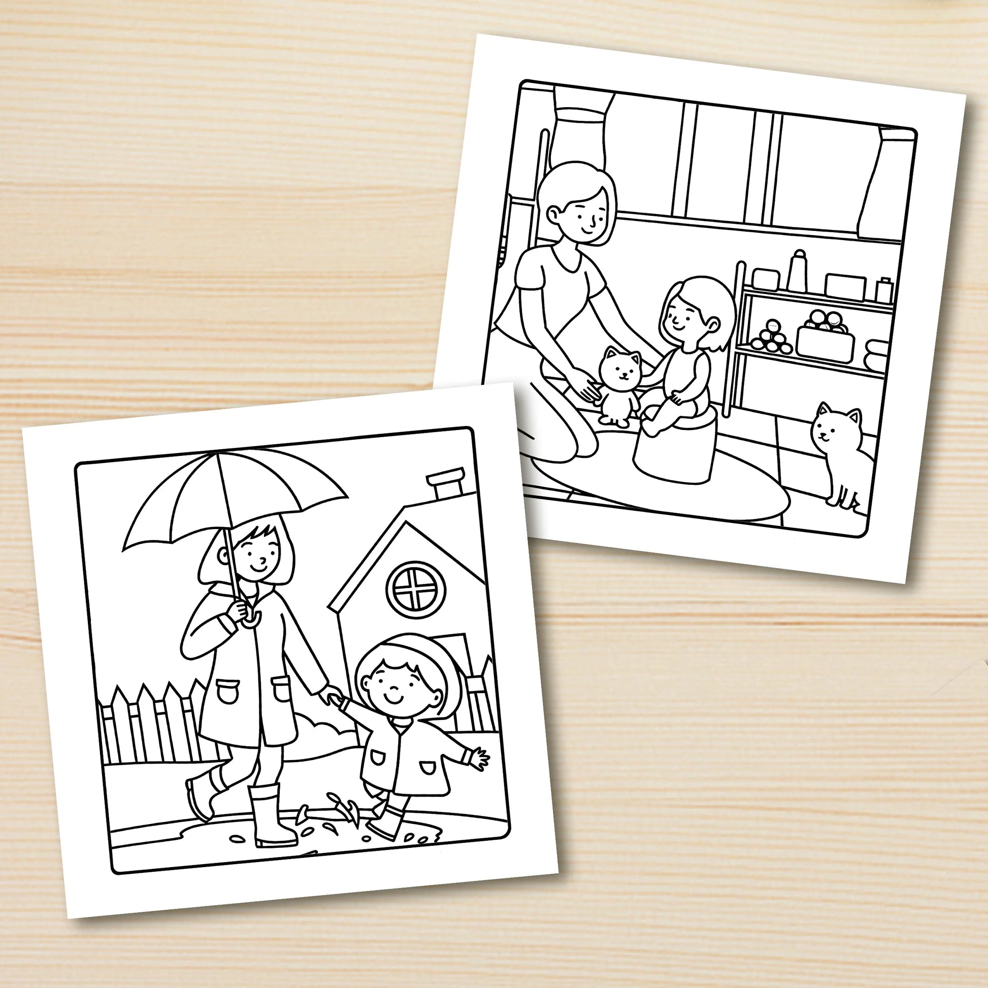Two coloring pages on a wooden surface, one with a child and umbrella, the other with a family scene. Adult coloring book titled MOM MOMENTS featuring cozy daily scenes for relaxation, cute mindful activities, FTF Fashion UK.