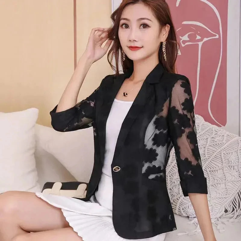  Floral embroidery blazer women black vintage style three-quarter sleeve jacket