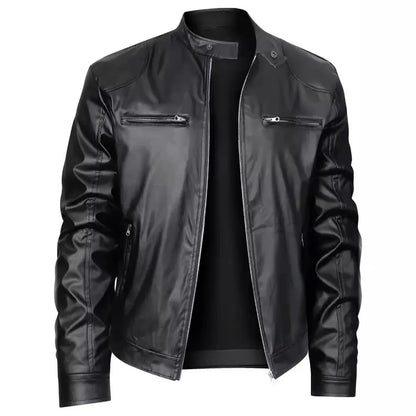 Black leather jacket on a white background. Men’s slim fit motorcycle jacket in PU leather, stand collar, zip closure, pockets, thin design, black, casual punk UK outerwear, S–5XL.