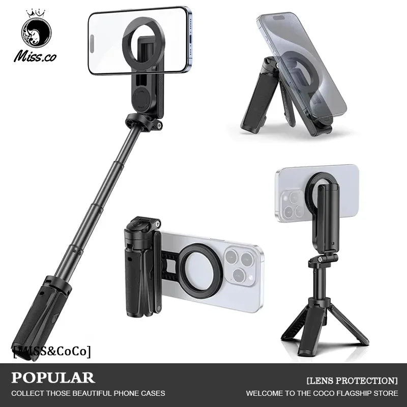 Black phone holder with stand and ring light on a white background, featuring the brand 'Miss.co'. Lightweight magnetic selfie stick tripod, extendable, remote controlled, compatible with MagSafe iPhones & Androids. Perfect for creators & travel.